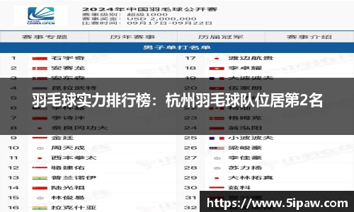 羽毛球实力排行榜：杭州羽毛球队位居第2名